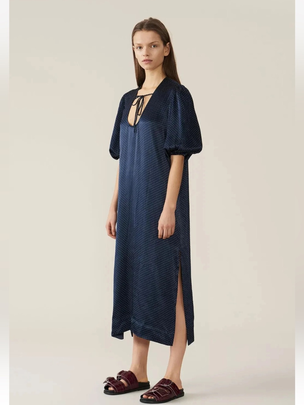 GANNI Polka Dot Heavy Satin Midi Dress